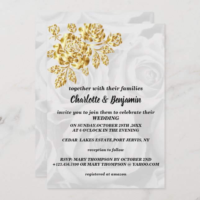 Elégant Faire-part de mariage Or Et Roses Blanches (Devant / Derrière)