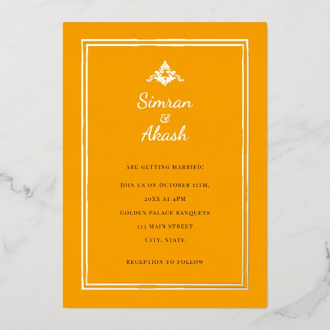 Élégant faire-part de mariage orange et argent (Recto)