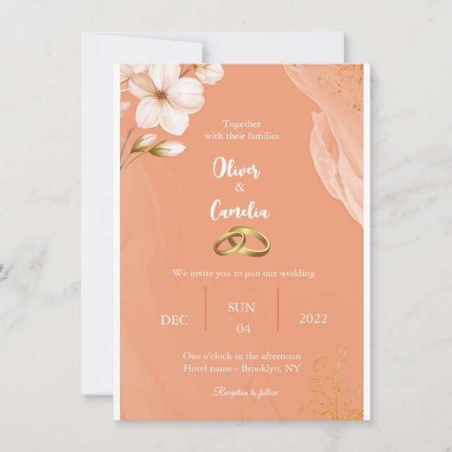 Élégant faire-part de mariage orange et or (Devant)