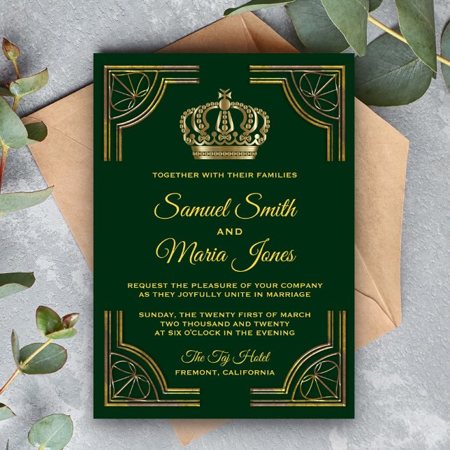 Élégant Faire-part de mariage Ornate Or Vert (Créateur téléchargé)