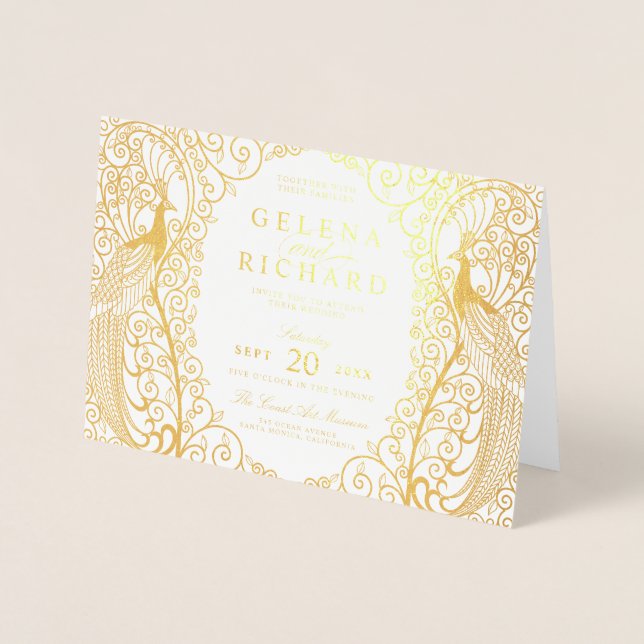 Élégant Faire-part de mariage Peacock Art Déco (Devant)
