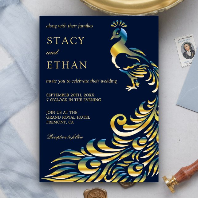 Elégant Faire-part de mariage Peacock Bleu et Or (Créateur téléchargé)