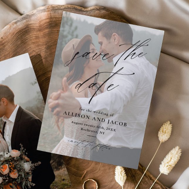 Élégant faire-part de mariage photo avec écriture (Elegant handwritten script wedding photo save the date.)