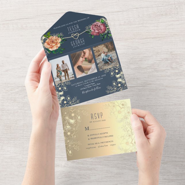 Elégant Faire-part de mariage photo bleu marine (Déchirure)