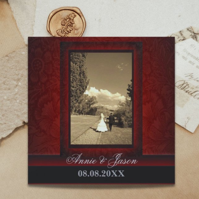 Elégant Faire-part de mariage photo bordeaux damas (Elegant burgundy damask photo Wedding Invitation)