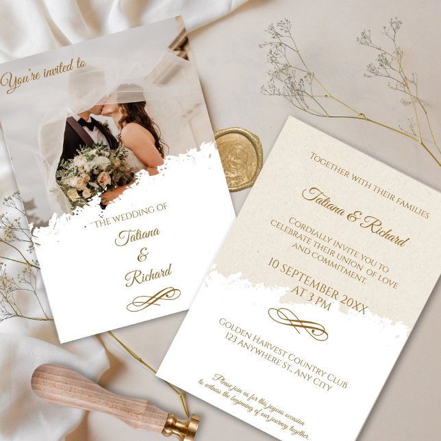 Élégant Faire-part de mariage photo et script or (Elegant Photo and Gold Script Wedding Invitation)