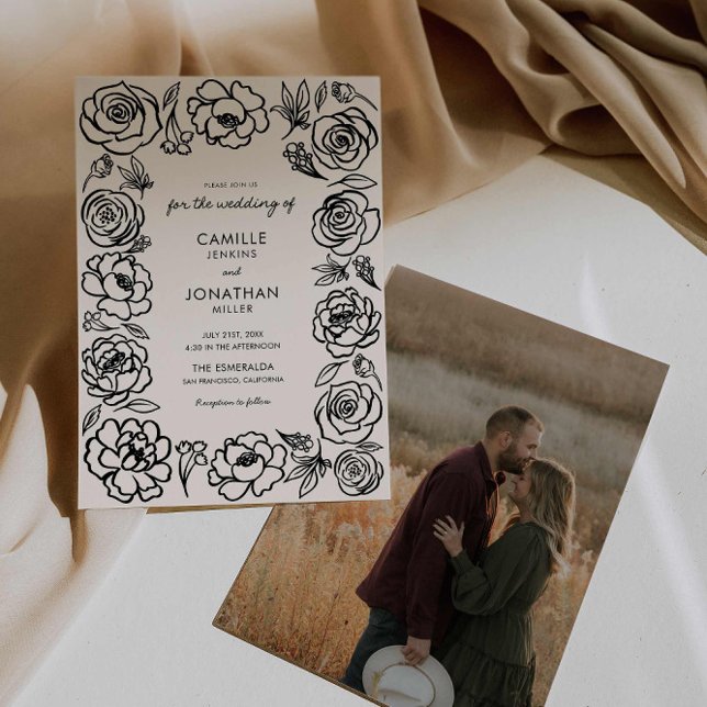 Elégant Faire-part de mariage photo floral tiré à  (Whimsical Hand Drawn Wedding Invitation)