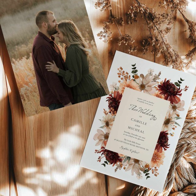 Elégant Faire-part de mariage photo florale automn (Fall Floral Wedding Photo Invite)