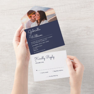 Élégant faire-part de mariage photo monogramme ble