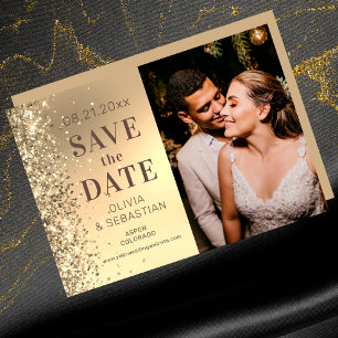 Élégant Faire-Part de Mariage Photo Pailleté Or