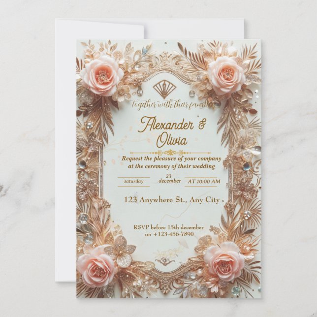 Élégant Faire-part de mariage Rose or avec floral (Devant)