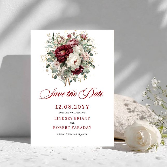 Élégant Faire-Part de Mariage Rouge Bourgeon et Fe (Stylish Blush Burgundy Greenery Save The Date)