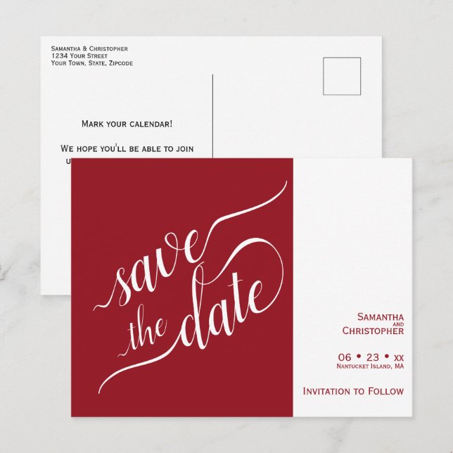 Élégant faire-part de mariage rouge en calligraphi (Devant / Derrière)