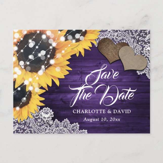 Élégant Faire-Part de Mariage Tournesol Violet (Devant)