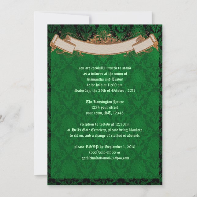 Élégant Faire-part de mariage vert Damask Goth (Devant)