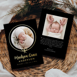 Élégant Faire-part de naissance à fond noir et or