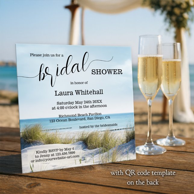 Élégant faire-part de plage pour la douche de la m (Beach bridal shower invitation showing a view from the dunes over the ocean - with QR code template)