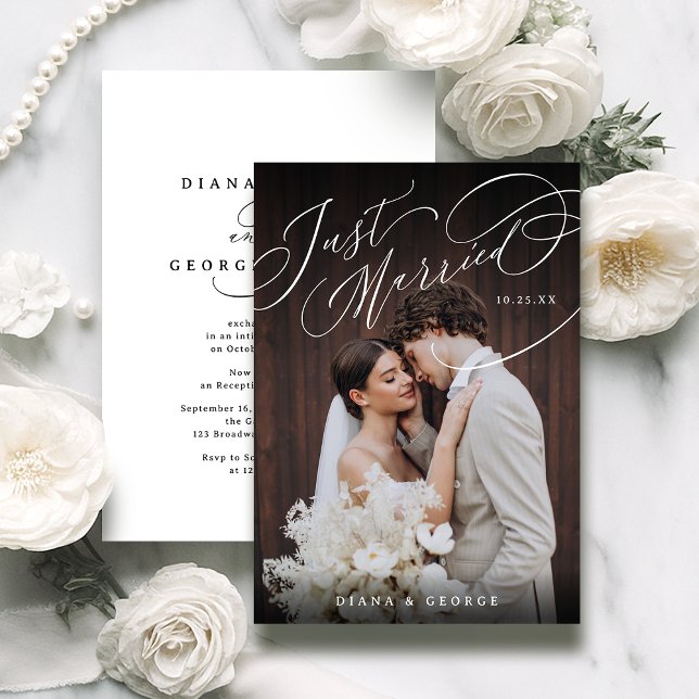 Élégant Faire-Part de Réception de Mariage avec Éc (Timeless Typography Just Married Photo Reception Invitation)
