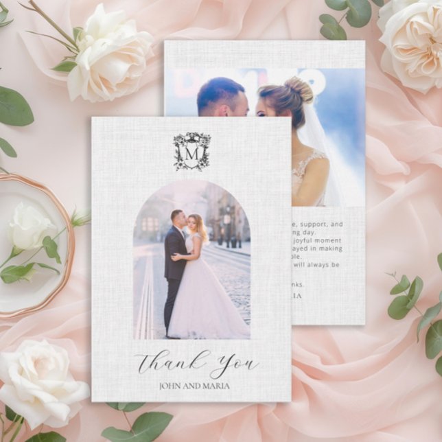 Élégant Faire-Part de Remerciement de Mariage avec (Elegant arch photo wedding thank you card with crest)