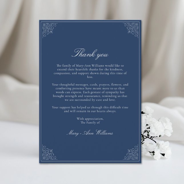 Élégant Faire-part de sympathie après des funérail (Elegant After Funeral Memorial Sympathy Blue Thank You Card)