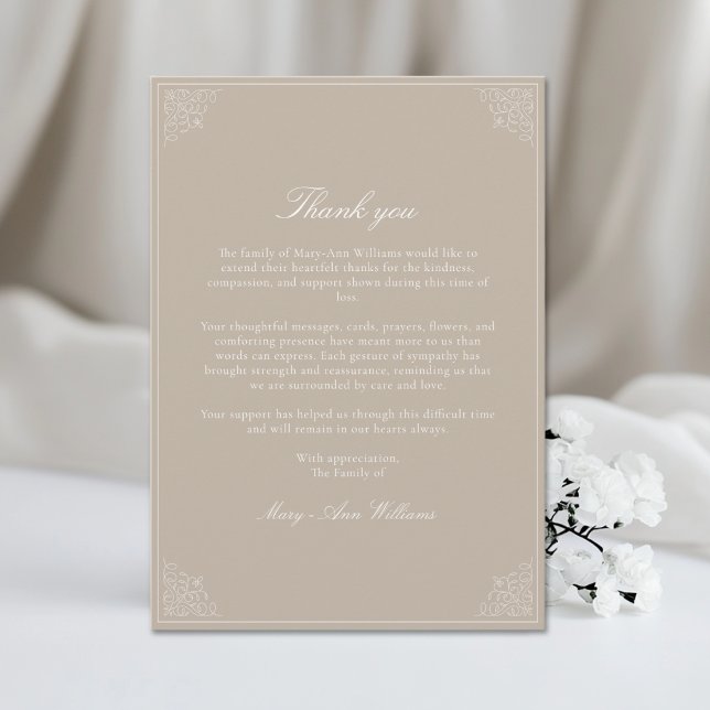 Élégant Faire-part de sympathie après des funérail (Elegant After Funeral Memorial Sympathy Beige Brown Thank You Card)