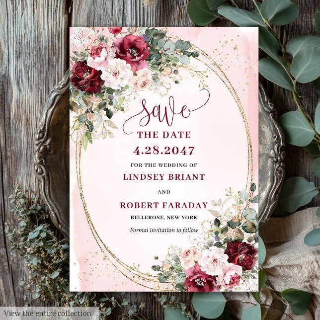 Élégant Faire-part Floral Doré Rose Bourgeon Bourg (Minimalist Boho Merlot Blush Gold Roses Save It)