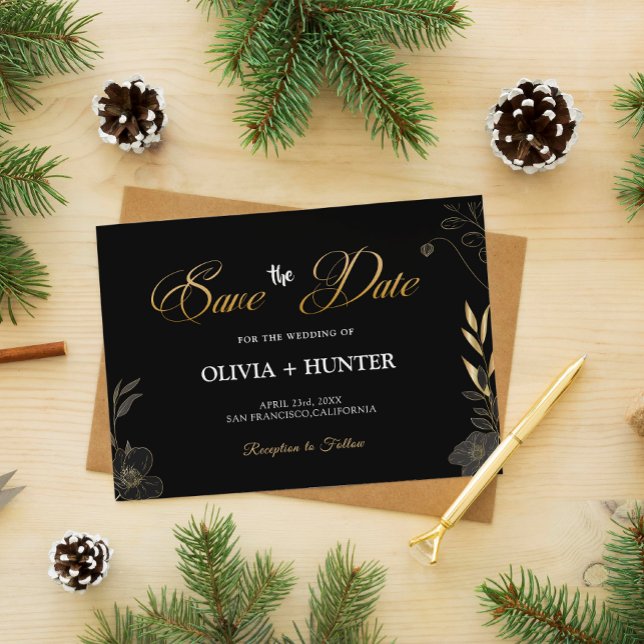 Élégant Faire-part floral moderne noir et or (Elegant Modern Black and Gold Floral save the date)