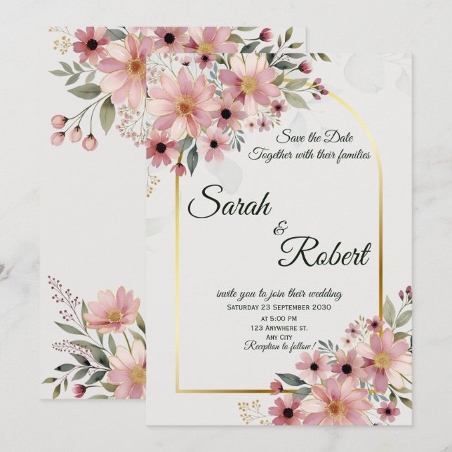 Élégant Faire-Part Floral Rose Pâle de Mariage à S (Devant / Derrière)