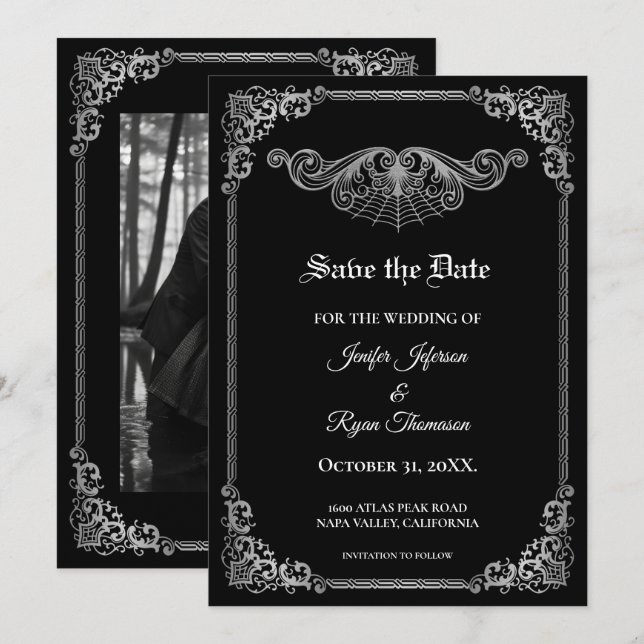 Élégant faire-part gothique noir de mariage à rete (Devant / Derrière)