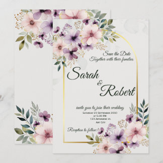 Élégant Faire-Part Mariage Fleurs Violettes Rose C