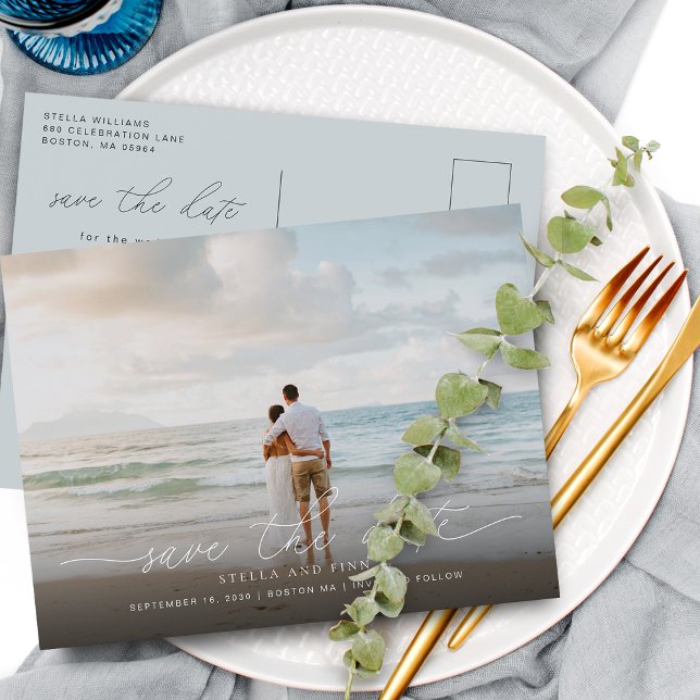 Élégant Faire-Part Moderne de Mariage de Photo de  (Elegant Modern Script Photo Save The Date Wedding Announcement Postcard)