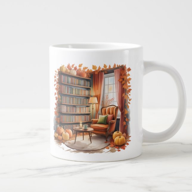 Elegant Fall Bookshelf Mug — Cozy Curtain (Droite)