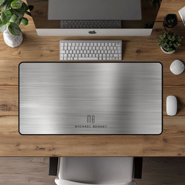 Élégant Faux Argent Brossé Métallisé Monogrammé (Elegant Monogrammed Faux Silver Brushed Metallic Desk Mat)