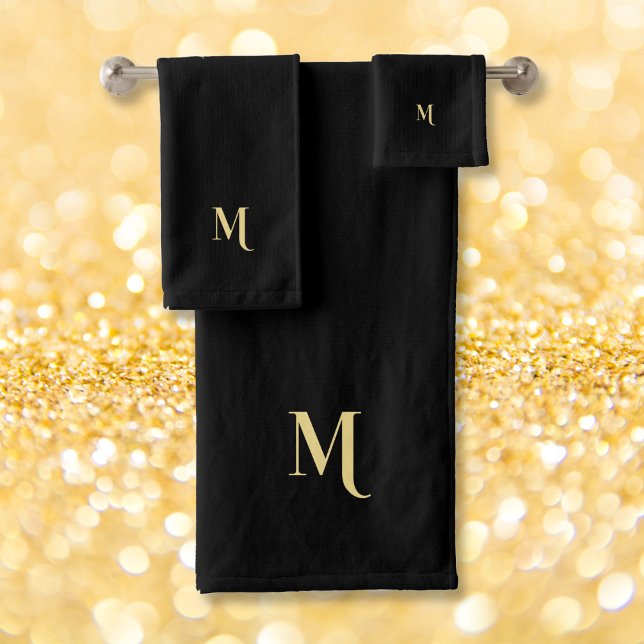 Élégant Faux Gold Script Monogramme Noir (Modern Elegant Faux Gold Script Monogrammed Black Bath Towel Set)