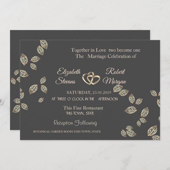 Élégant Feuille chic or Faire-part de mariage (Devant / Derrière)