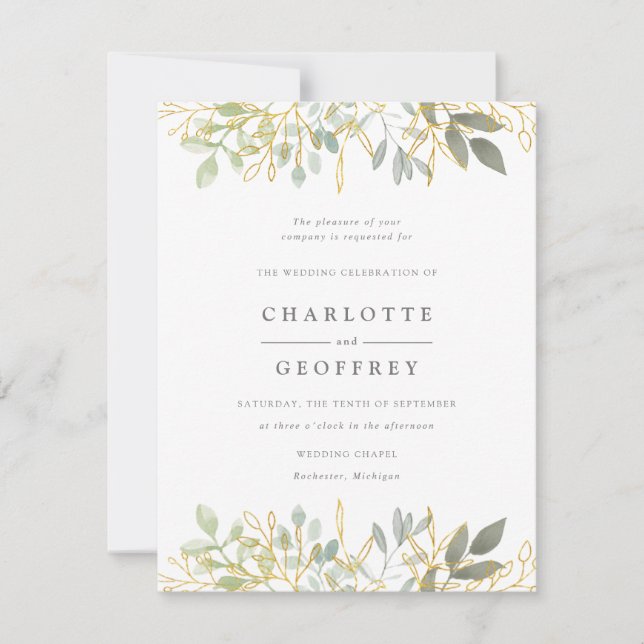 Élégant feuille et faire-part de mariage or (Devant)