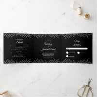 Élégant Feuille noir & blanc Mariage Tri-Fold Invi