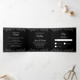 Élégant Feuille noir & blanc Mariage Tri-Fold Invi