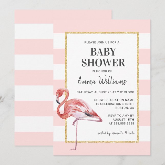 Elégant Flamant rose rose bébé douche Invitations (Devant / Derrière)