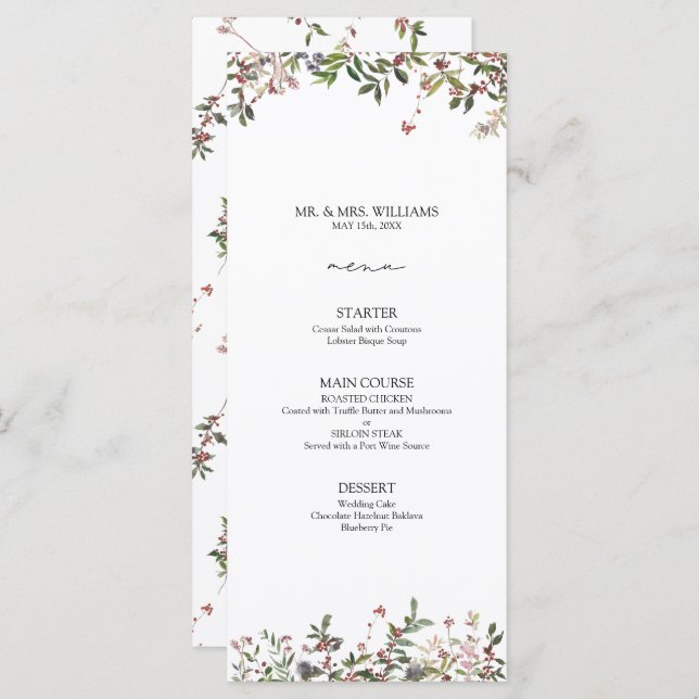 Elégant Fleur sauvage d'hiver Berry Mariage Menu (Devant / Derrière)