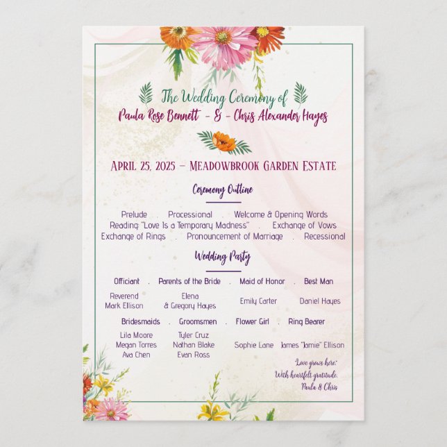 Élégant Fleur sauvage Garden Wedding Programme (Devant)