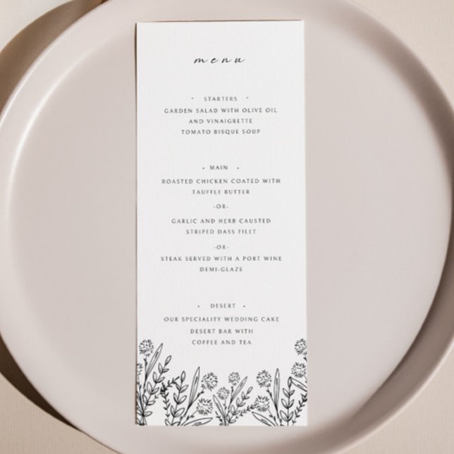 Élégant Fleur sauvage noir blanc Mariage menu du d (Créateur téléchargé)