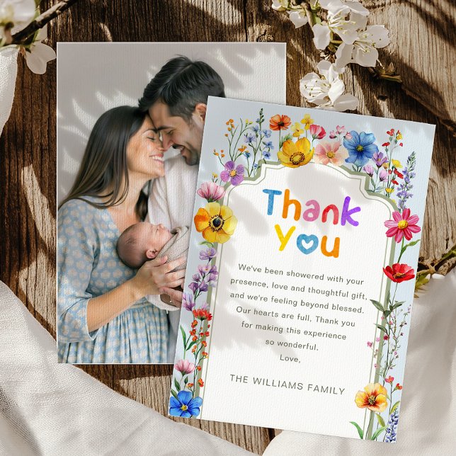Elégant Fleur sauvage Sage Green Merci photo bébé (Thank you card)