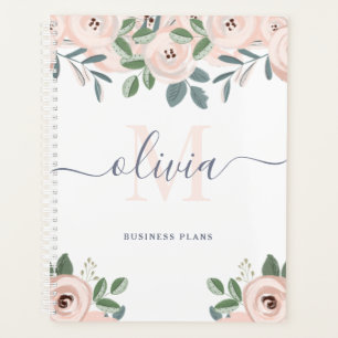 Elégant Fleurs Aquarelles Roses Bleues Monogram