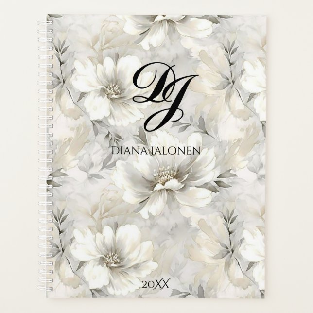 Elégant Fleurs blanches Monogramme Nom personnalis (Devant)