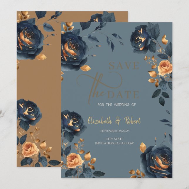 Élégant fleurs bleues et or Save The Date  (Devant / Derrière)