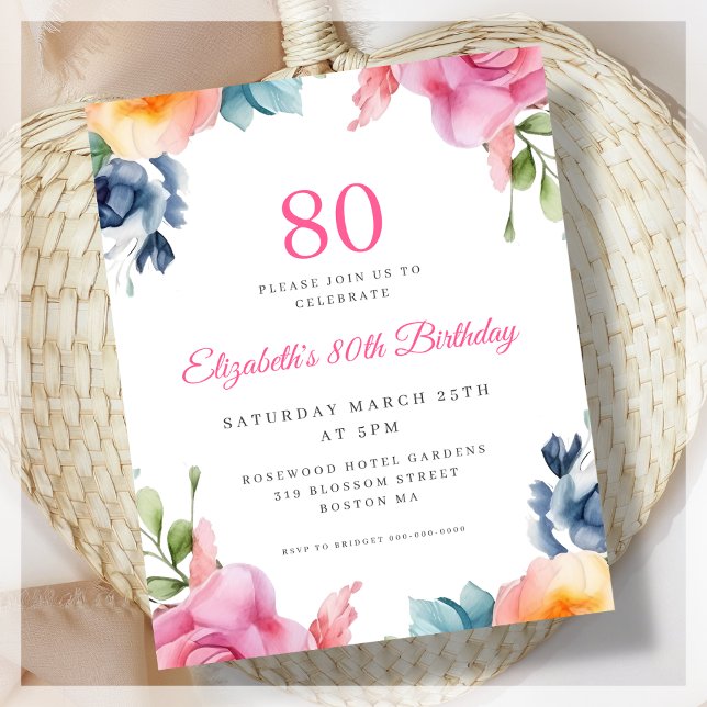 Elégant Floral 80e Anniversaire Budget Invitation (Créateur téléchargé)