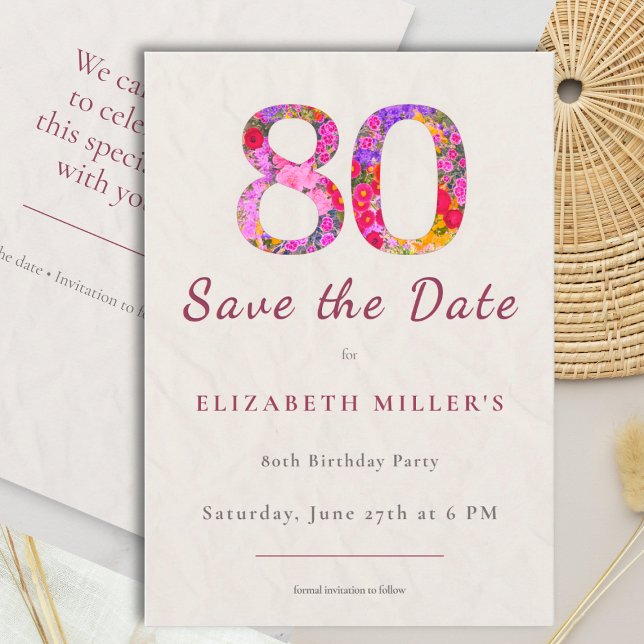 Elegant Floral 80th Birthday Save the Date Card (Créateur téléchargé)