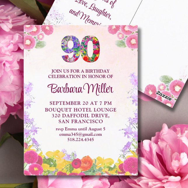 Elégant Floral 90e anniversaire de fête Invitation (Créateur téléchargé)
