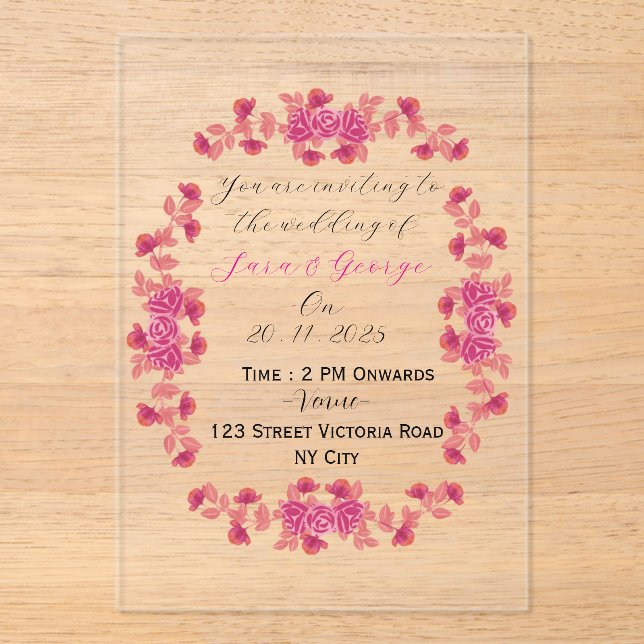 Elegant Floral Acrylic Wedding Invitation  (Recto)
